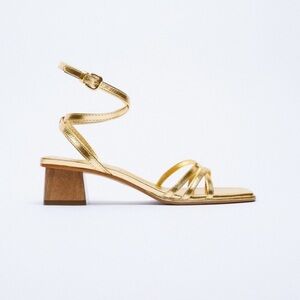 Zara Ankle Wrap Gold Block Heeled Sandal Size 40